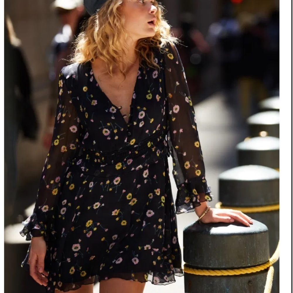 The Kooples Paris Bleu J’espere Blue Floral Long Sleeve Ruffle Mini Dress Size 2